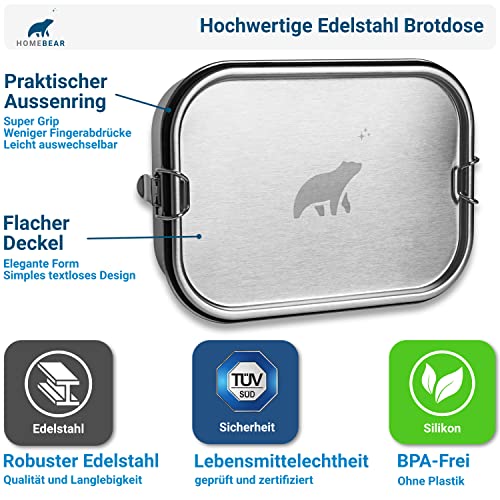 HOMEBEAR® Edelstahl Brotdose | Lunchbox 1200 ml | Set mit Box für Dips | Verschiebbare Trennwand | Auslaufsicher und Plastikfrei | Brotbox Jausenbox