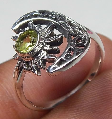 Crescent Moon And Sun Natural Peridot Round Faceted Gemstone 925 Sterling Silver Peridot Ring Jewelry for Good Luck Promise Ring Vintage Ring Birthday Gift Gift For Her2