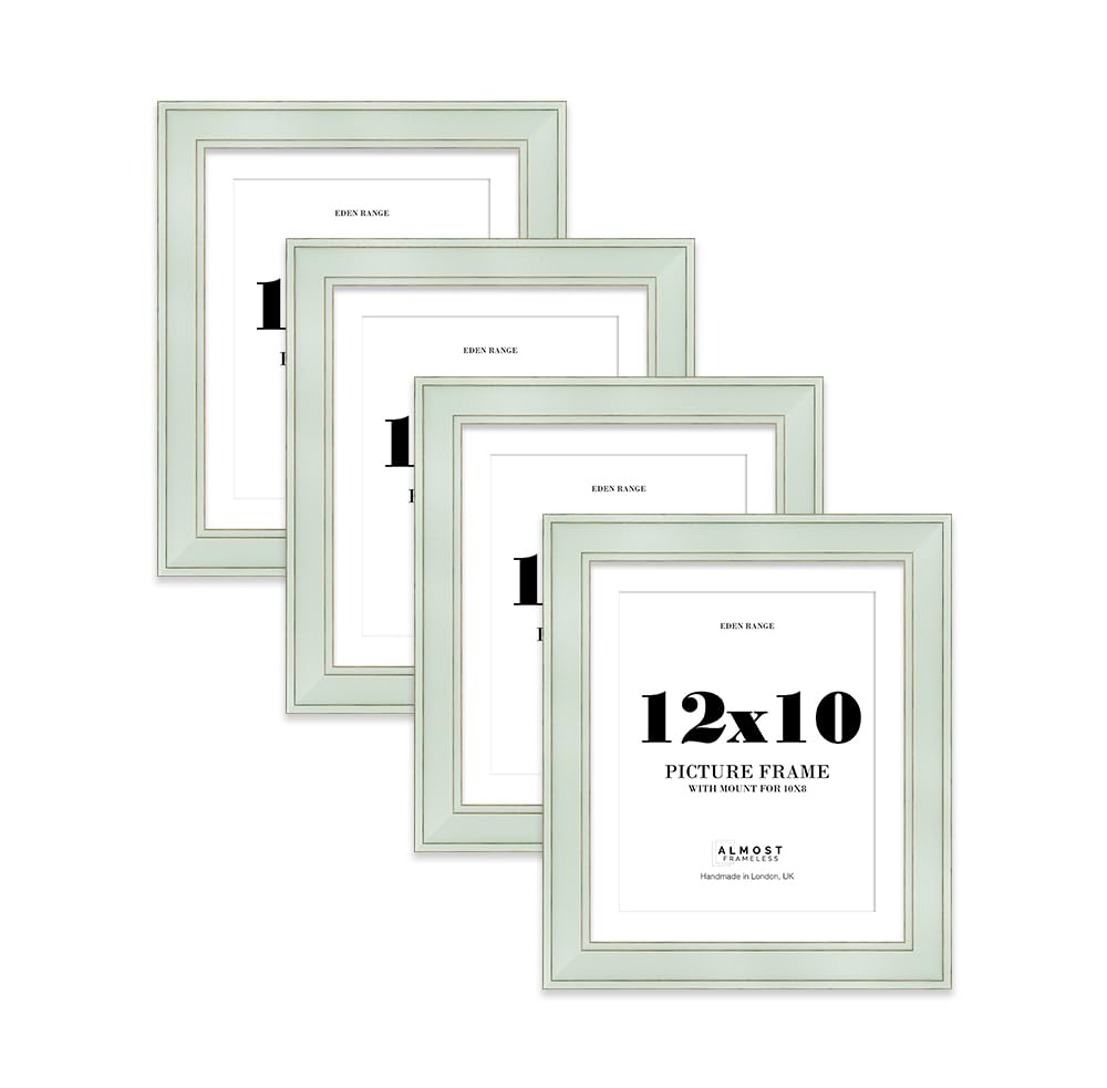 12x10" Sage Green Picture Frame with 10x8" Mount - Shabby Chic Photo Frame with Distressed Finish, Gold Trim, Wall Hooks and Kickstand, 37mm Edge - 4 Pack