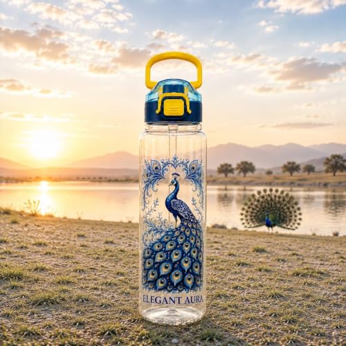 Image of Elegant Aura Peacock Printed Water Bottle 1 Litre with Straw & Gulp Drinking