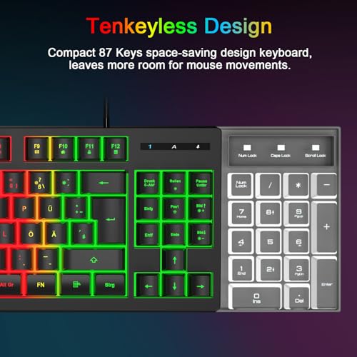 Rewurnth Gaming Tastatur und Maus Set, QWERTZ DE Layout, 75% TKL, RGB Hintergrundbeleuchtete Kabelgebundene Tastatur, Ergonomische 4 Farbige LED Gaming Maus, Großes Mauspad, USB Plug & Play für PC 4