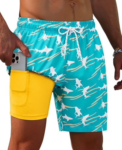 Image of Gleeease 7inch Mens Swim Trunks 2 in 1 with Compression Liner Pockets Drawstring Quick Dry Stretch Lined Funny Beach Pool