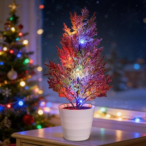 Image of Artificial Cedar Tree Lamp, Color Changing LED Light with White Pot, Battery Powered for Bedroom Wedding Christmas, Gifts for Women Mom Grandma Girlfriend on Birthday Christmas Valentines Mothers Day