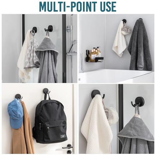 Image of TAILI 304 Stainless Steel Bathroom Suction Hooks for Towel, Bathrobe, Loofah, Patented Strong Suction Cup Holder, No Damage Hanging Glass Shower Wall Hook, Double-Hook Sleek Design, 2 Pack, Black