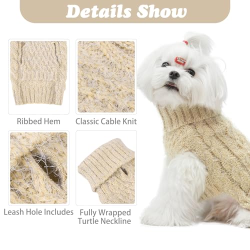 Image of Turtleneck Small Dog Sweaters - Classic Cable Knitwear Winter Coat for Small Medium Dogs Male Female Puppy Dog Cold Weather Clothes Girls Boys, Cream, XS