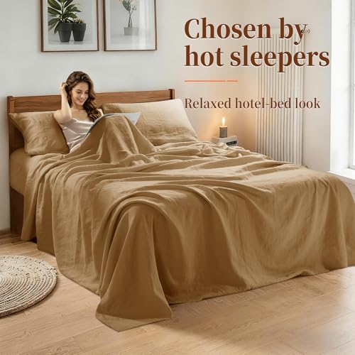 Image of 100% Pure Linen Sheet Set for Hot Sleepers, Breathable Linen Sheets 4pcs, 16 inch Deep Pocket (Ochre King)