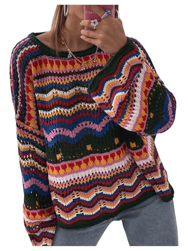 COZYEASE Women's Oversized Colorful Sweater Drop Shoulder Pullover Crochet Hollow Fall Outfit Sweater Tops Multicolor S