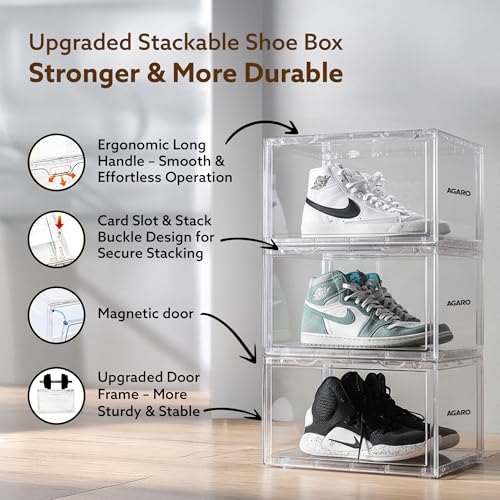 Image of AGARO Stackable Shoe Storage Box Organizer | Heavy Duty, Transparent, Plastic Sneaker Crates Container with Magnetic Door |Space Saving|Organizer for Men & Women| Fits up to Size UK 12 | Pack of 6