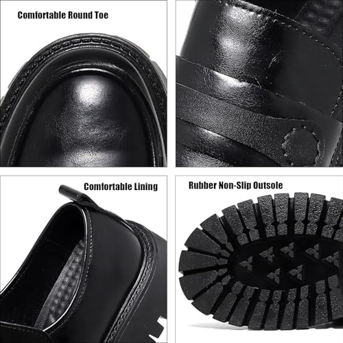 Men's Leather Lug Sole Business Penny Loafers Classic Slip-On Round Toe Chunky Heel Dress Shoes for Party Wedding Prom Work3