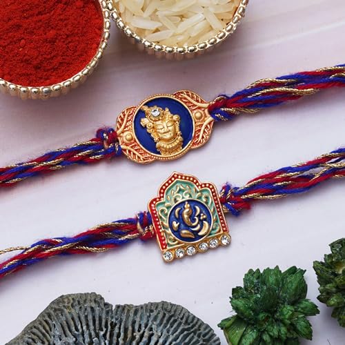 Image of eCraftIndia Unisex Adult Set Of 2 Peacock Feather And Floral Designer Rakhis For Brothers With Roli Chawal