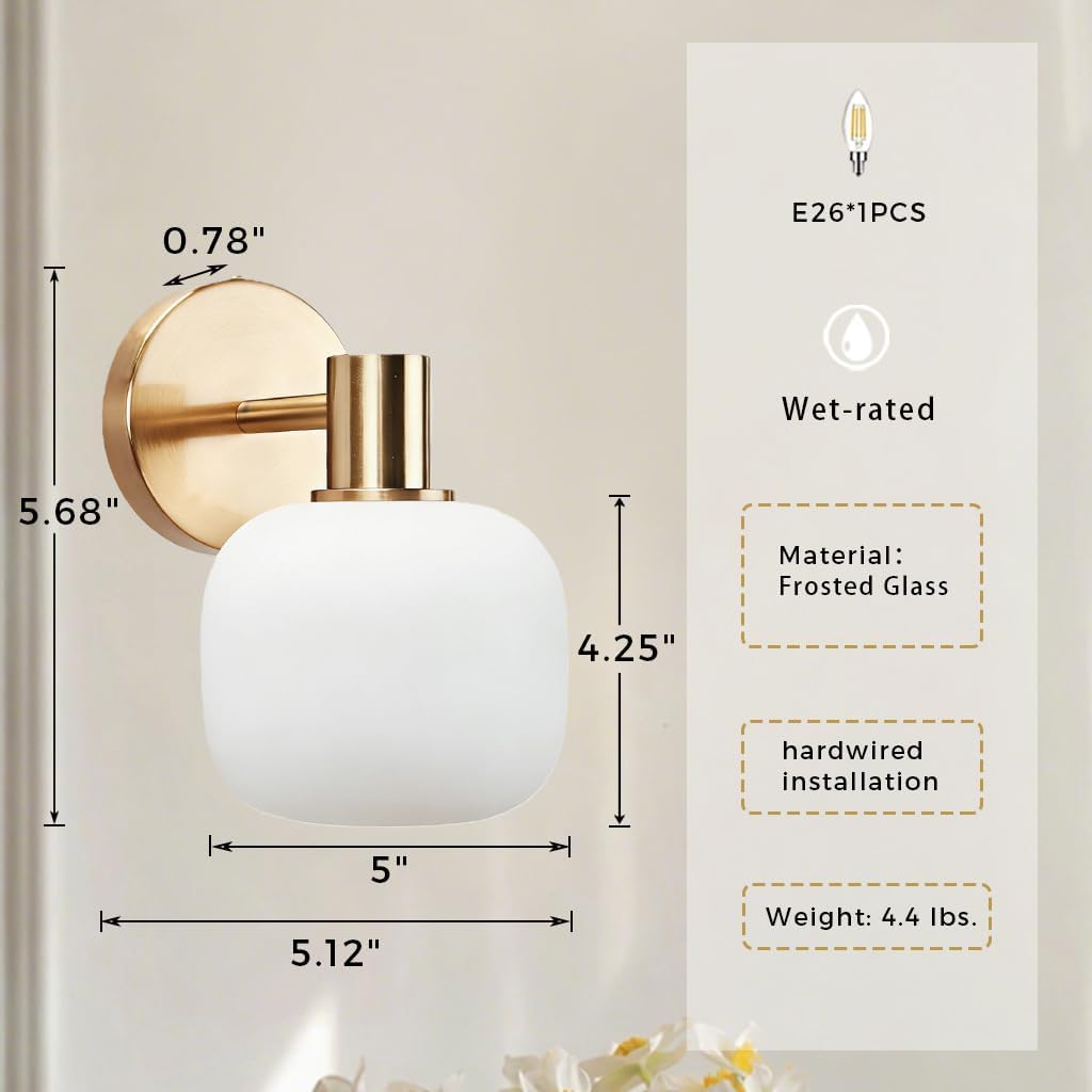 Vintage Sconce with Frosted Glass Shade & Burnished Brass Finish, Transitional Style 1 Light Wall Fixture Bathroom Vanity Light, Hardwired Wall Mounted Lighting for Hallway, Entryway, Kitchen, Loft
