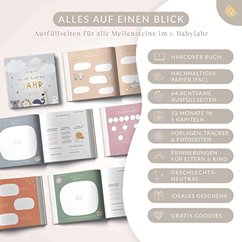 Lebenskompass Babyalbum Mein erstes Jahr PURE mit über 75 Stickern & Spruchkarte EXTRA - Ein Baby Buch zum Eintragen - Das Babytagebuch & Erinnerungsbuch für Mädchen & Jungen