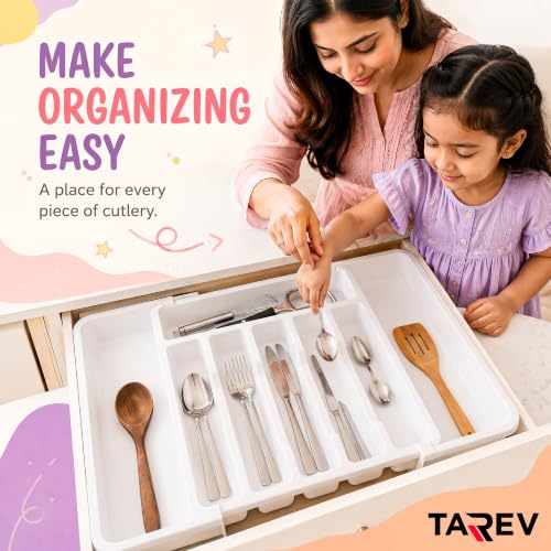 Image of Drawer Organizer Tray /Kitchen Expandable Utensil Tray /Adjustable Utensil Organizer /Cutlery Silverware Flatware Holder /Divider for Spoons Forks Knives Tableware (White, 2 Pcs)