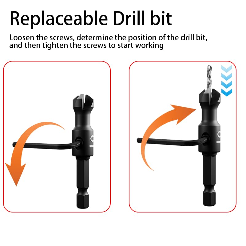Miniatura 5 de Juego de brocas avellanadas, brocas cónicas, juego de brocas avellanadas, vástago hexagonal de 14 de pulgada, cambio rápido para carpintería, juego