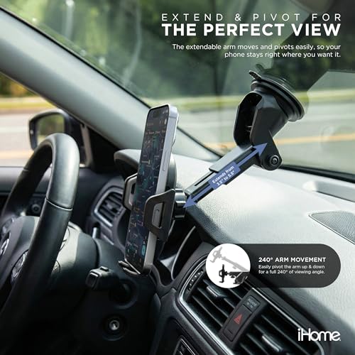 Image of iHome Car Mount, Dashboard /Windshield /Vent Mount, Swivel Neck, Silicone Grip, Adjustable Mount Arm with Suction Cup Base (Extendable Car Mount)