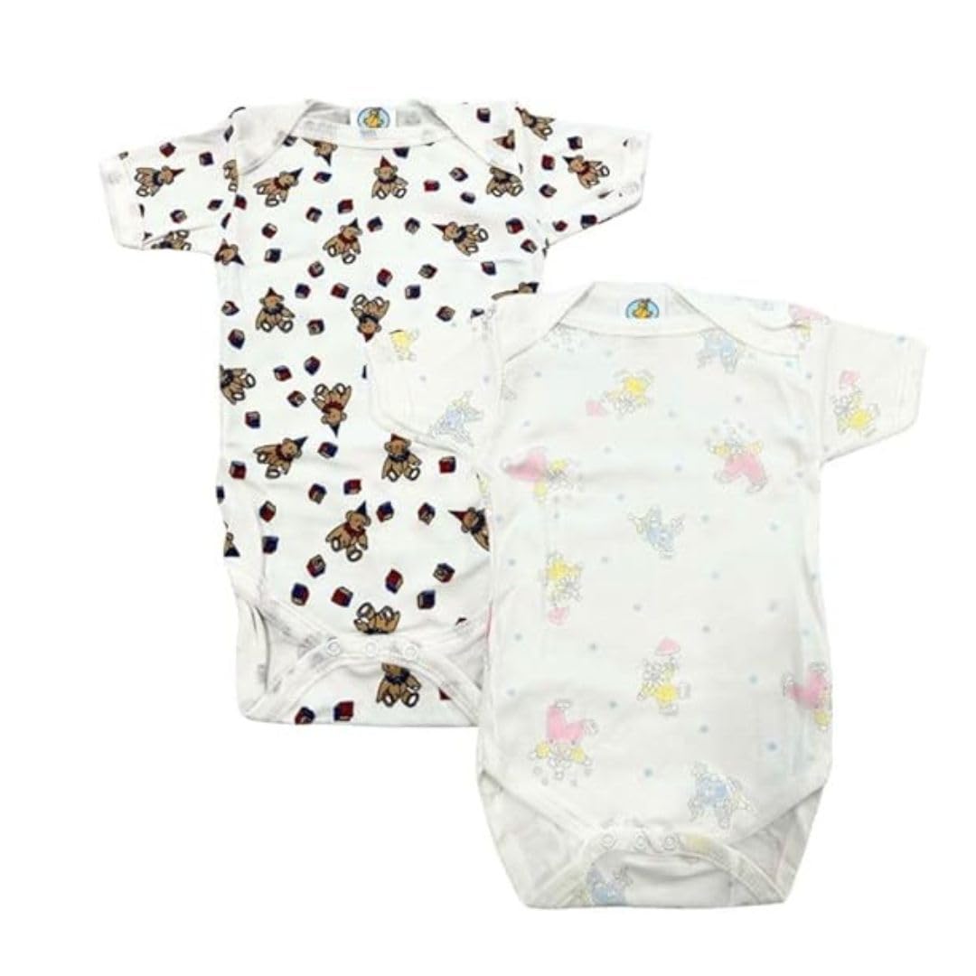 Junior Joy – 2 Pack Baby Bodysuits for 12–18 Months,Printed, Envelope Neck, Short Sleeves, 100% Cotton, Stud Fastening for Easy Nappy Changes