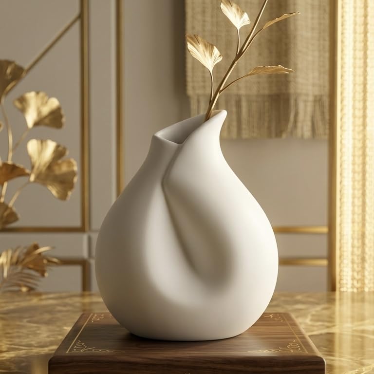 Image of Modern Matte White Ceramic Flower Vase for Living Room Decor Nordic Minimalist Decorative Table Vase Home, Office & Center Table Accent - Collar White