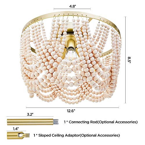 3-Light Boho Wood Beaded Chandelier Light Fixture, Gold And Oak Finish Semi Flush Mount Ceiling Light For Nursery Room, Girl Room, Kids Room, Bedroom, Hallway, Entryway, Passway #TOP5