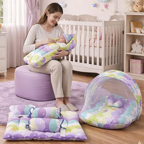Image of Fareto Combo of Baby Bed with Net | Carry Bag | 4 Pcs Bedding Set (0-6 Months, Baby Size, Cotton) (PURPAL NEW Star)