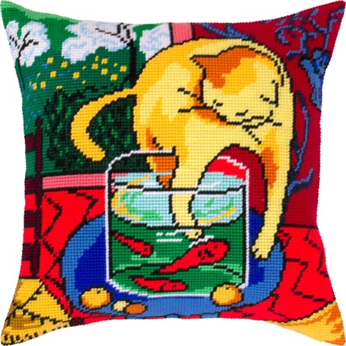 Image of Brvsk Artistic Embroidery Kit for Adults and Beginners - Cat with Fish 16″ x 16″ with Clear, Precise Printed Design on Cotton Canvas; Includes 2 Needles, Yarn, and Easy-Read Chart