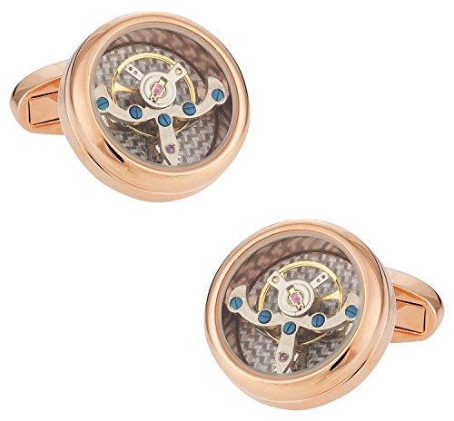 Cuff-Daddy Rose Gold Silver Working Tourbillon Carbon Fiber Watch Cufflinks Steampunk with Jewelry Presentation Box Gift Idea for Him Sleeve Clock Cuff Links Special Occasions Cufflinks Travel Box