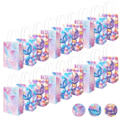 AMFUN 18PCS Mermaid Paper Party Bags Gift Paper Bags with Handles Snack Paper Gift Bags Candy Paper Bags for Childrens Birthday Party Ocean Themed Wedding Baby Shower-(21 * 15 * 8cm)