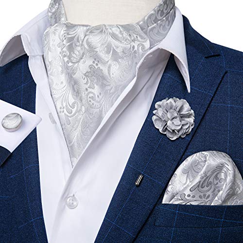 Image of DiBanGu Mens Silk Ascot Ties Paisley Jacquard Woven Cravat and Pocket Square Cufflinks with Lapel Pin for Business Wedding