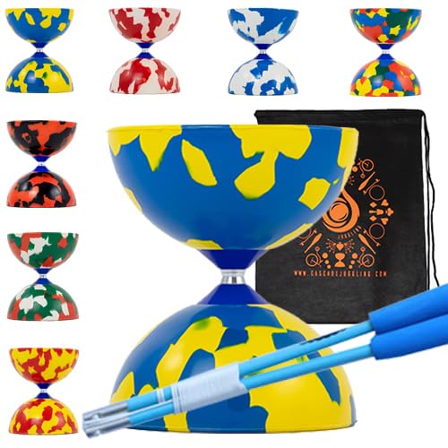Juggle Dream Jester Diabolo Set with Fibre Sticks, Diabolo String - Pro Medium Rubber Diablo Set With Cascade Carry Bag (Blue and Yellow)