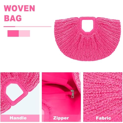 Image of Straw Bag, Beach Bags for Women, Pink Tote Bag, Semi-Circular Woven Beach Hand Bag Handmade Rattan Handbag for Vacation Travel Daily (Hot Pink) | Handmade Natural Straw Bag, Lightweight Large Capacity,Gift for Women,Beach Camping Travel Camping and Dating