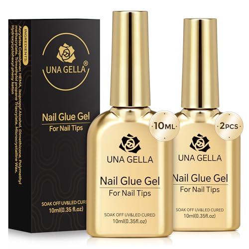 Image of UNA GELLA 9 in 1 Gel Nail Glue for Clear Acrylic Nails Tips 2Pcs 10ml Long Lasting Super Strong Brush on Nail Gel Glue for False Press on Nails Tips Base Blooming Gel, U V Light Required