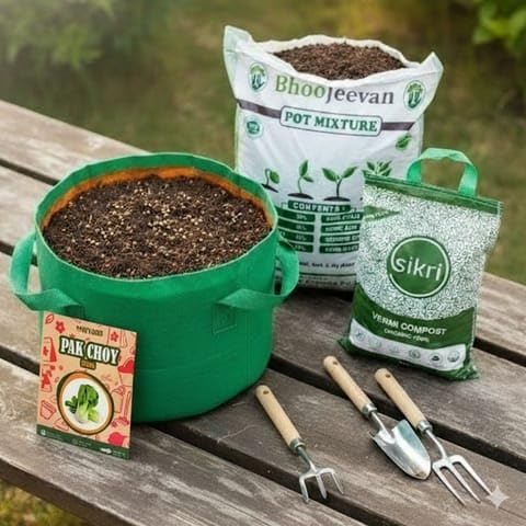 Best Nursery Set of 2 - Pak-Choy Essential Grow Kit - 18 X 9 Inch KIVO Grow Bag + 10Kg Potting Mix + 5 Kg Vermicompost (Brands may vary)-image-38
