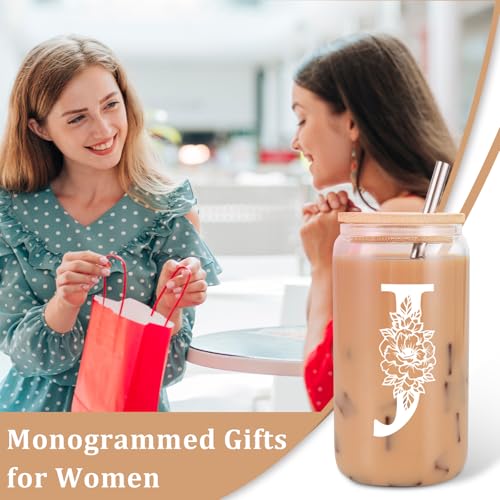 Image of Coolife Initial Glass Cup, Monogrammed Gifts for Women, 16 oz Tumbler w /Lid | Iced Coffee Smoothie Beer Tumbler w /Straw Lid - Personalized Christmas, Birthday Gifts for Woman Her Mom Friend