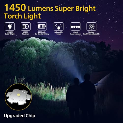 Image of Philips Torch Rechargeable, 30W Torch Light High Power, 1450 Lumens Super Bright Flashlight, 690M Coverage, 2200mAh Battery, Telescopic Zoom, Aircraft Aluminum Body, LED Flash Emergency Light
