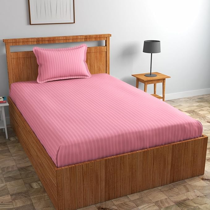 Draping Elegance 400 TC 100% Cotton Feel Solid Stripe Bedsheet – Single Size 60"x90" with 1 Pillow Cover – Soft & Breathable (Baby Pink, Single)-image-16