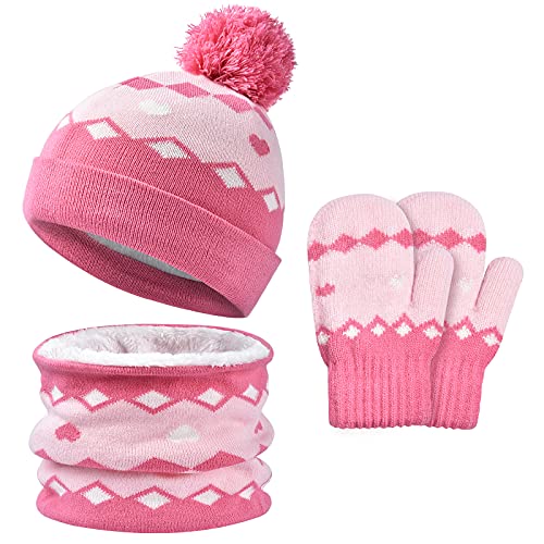 Dětská zimní čepice šála sada rukavic - Kids Winter Beanie pletená čepice zimní šála termo rukavice s fleecovou podšívkou teplá čepice šála šála rukavice pro chlapce dívky každodenní nošení 2-6 let, Růžová, jednotná velikost