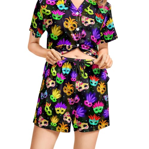 Image of Silk Satin Pajama Set for Women Summer Lounge Pjs Sets 2 Piece Suit Ladies Button Down Tops And Shorts Sleepwear