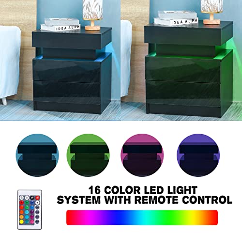 Tehrecbt 102111402 Led Nightstand Set Of 2, Black Bedside Table With High Gloss Drawers For Bedroom Furniture,Bed Side Table thumb #3