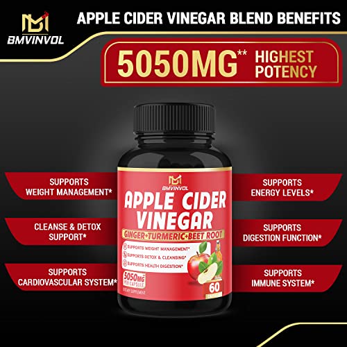 Apple Cider Vinegar Capsules - 5050Mg Herbal Equivalent With Ginger, Turmeric, Elderberry, Beet Root - Supports Digestion, Detox & Immune - 2 Months Supply #TOP3