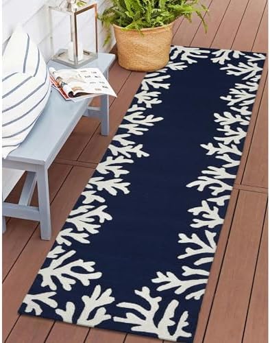 Liora Manne Capri Indoor/Outdoor Handmade Synthetic Blend Durable Area Rug - Traditional Border Coastal Beach Accent (Coral Border Navy) (2' x 8')