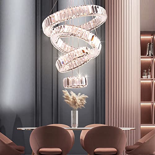 Vrygle LED Kronleuchter Modern - 2 Ringe Mit Kristalltropfen, 57W Dimmbar, 3 Lichtfarben, Höhenverstellbar