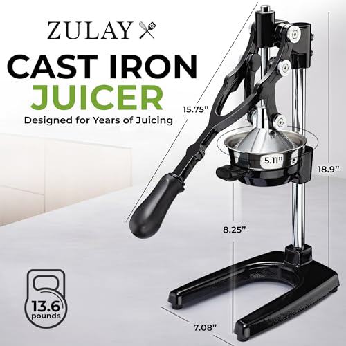 Image of Zulay Kitchen Extra Tall Cast Iron Juicer - Fits Any Glass, Heavy Duty Manual Citrus Juicer with Detachable Strainers for Easy Cleaning, Perfect for Bartenders, Juice Lovers & Health Enthusiasts