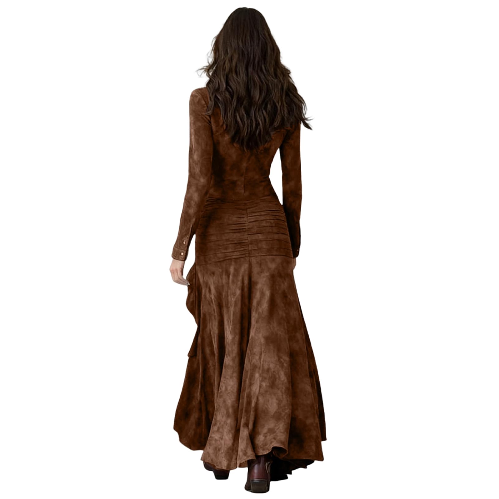 Robe longue de cowgirl boutonnée sur le devant pour femme, manches longues, jupe plissée sur le devant avec ourlet asymétrique à volants asymétriques, ourlet haut et bas, en faux daim, longueur au sol