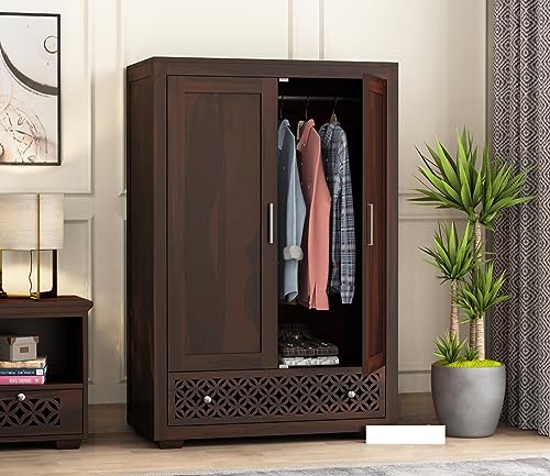 Image of Sheesham Wood Wooden 2 Door Wardrobe Organizer for Clothes | - Solid Wood Almirah with 1 Drawers, 1 Shelves - with Hanging Space Cupboard for Large Bedroom (Design 23)