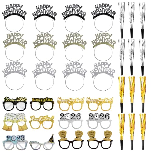 Tawecrew 39 Pieces New Years Eve Party Supplies 2026,Happy New Year Headband Tiara, New Year Glasses,Metallic Fringed Noise Makers New Years Party Favors