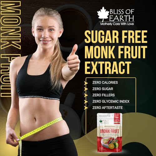 Image of Bliss of Earth Pure Monk Fruit Extract Powder Without Erythritol, Zero Calorie Natural Sugar Free Sweetener, Keto & Diabetic Friendly, Healthy Sugar Substitute for Tea, Coffee, Baking & Cooking, 42.52gm, 850 Servings