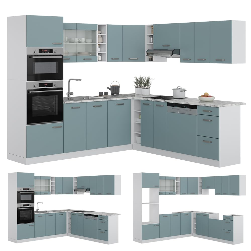 Vicco Cuisine en Angle R-Line, Bleu-Gris/Blanc, 247 x 237 cm sans PT, pour Une Disposition Flexible et Une Extension modulaire