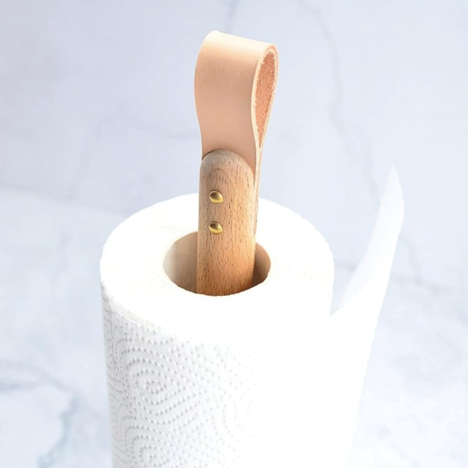 Tissue Holder Vertical Paper Towel Holder Multifunctional Desktop Roll Paper Holder Beech Wood Tissue Rack with Leather Buckle Handle Decor (Beech,11.22 in)