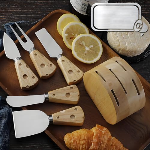 yekulanyue Cheese Knife Set with Wooden Stand, 5pcs Stainless Steel Knives, Wooden Handles with Swiss Cheese Design - Image 2