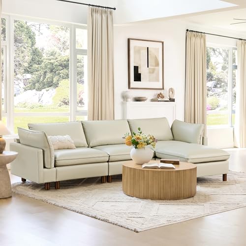 Image of CHITA 127 inch Leather Super Large Sectional Couches for Living Room, Modular Sofa, Premium Genuine Leather Sofa, Down Filled, High Density Foam, Real Leather in Cream, 4 Seat L Shaped