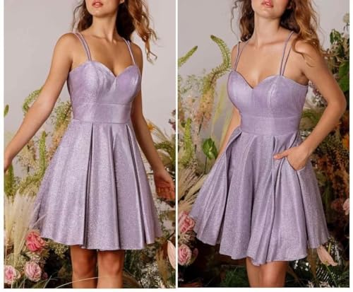 Sparkly Satin Homecoming Dresses for Teens Short Spaghetti Strap Ball Dress Glitter Cocktail Dress with Pockets PH203